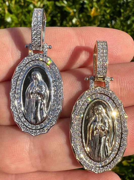 HarlemBling MOISSANITE Virgin Mary Iced Medallion Pendant - 10k Yellow Or White Gold - Small 1.75"