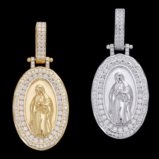 HarlemBling MOISSANITE Virgin Mary Iced Medallion Pendant - 10k Yellow Or White Gold - Small 1.75"