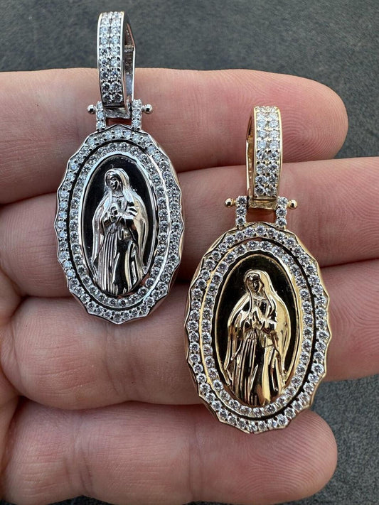 HarlemBling MOISSANITE Virgin Mary Iced Medallion Pendant - 10k Yellow Or White Gold - Small 1.75"