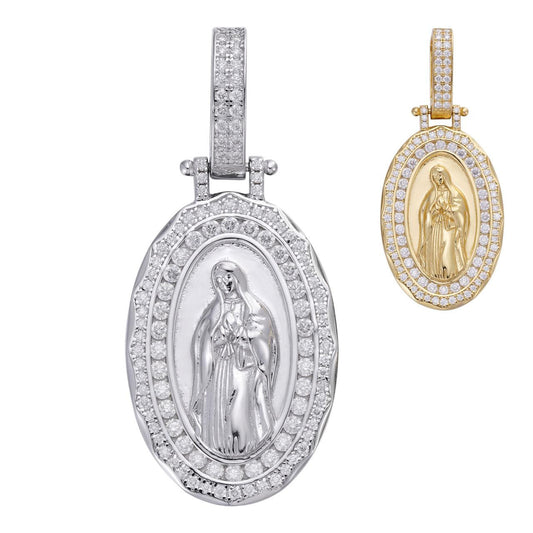 HarlemBling MOISSANITE Virgin Mary Iced Medallion Pendant - 14k Yellow Gold Vermeil Or 925 Silver - Small 1.75"