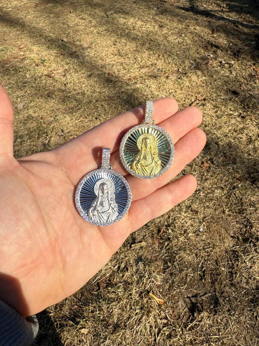 HarlemBling MOISSANITE Virgin Mary Round Medallion Pendant - 14k Gold Vermeil Or 925 Silver - Medium 2"