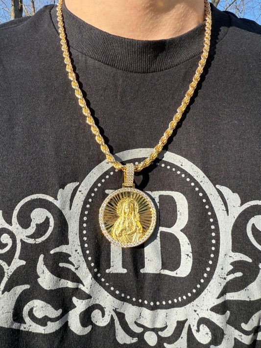 HarlemBling MOISSANITE Virgin Mary Round Medallion Pendant - 14k Gold Vermeil Or 925 Silver - Medium 2"