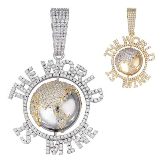 HarlemBling MOISSANITE World Is Mine Spinning Globe Hip Hop Pendant - 14k Yellow Gold Vermeil Or 925 Silver - Large 3"