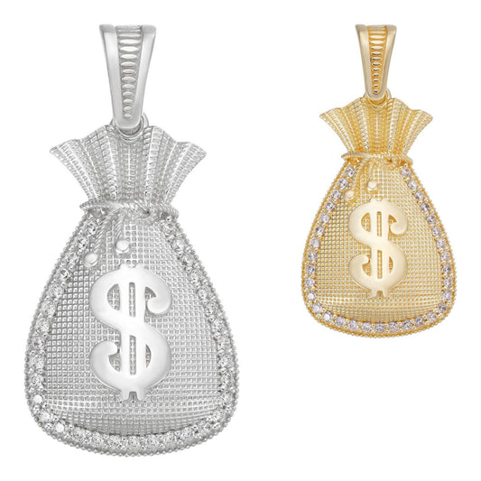 HarlemBling Moneybag Pendant - 14k Gold Vermeil Or 925 Silver - CZ Stones - Small 1.25"