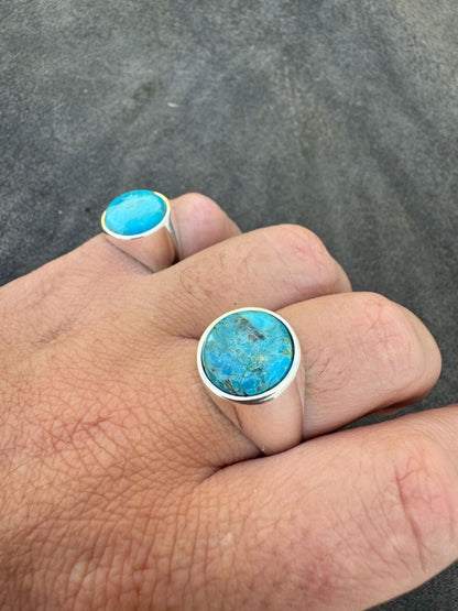 HarlemBling Natural Blue Turquoise Round Gemstone Mens Real Solid 925 Silver Plain Ring