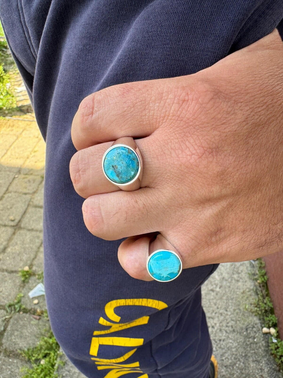 HarlemBling Natural Blue Turquoise Round Gemstone Mens Real Solid 925 Silver Plain Ring