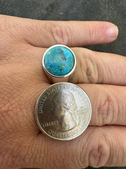 HarlemBling Natural Blue Turquoise Round Gemstone Mens Real Solid 925 Silver Plain Ring