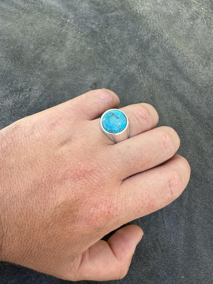 HarlemBling Natural Blue Turquoise Round Gemstone Mens Real Solid 925 Silver Plain Ring