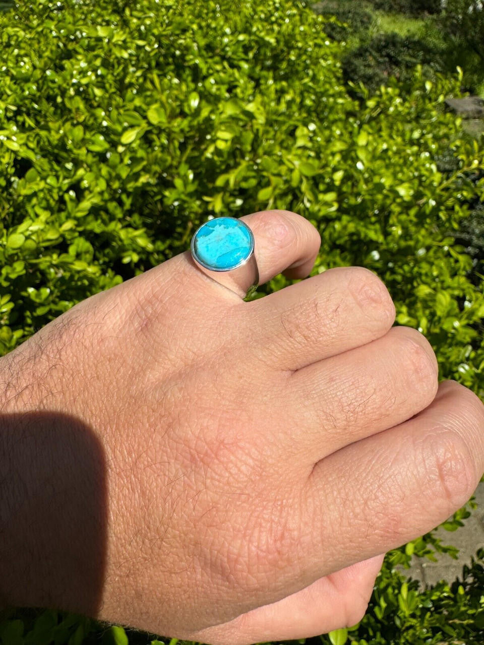 HarlemBling Natural Blue Turquoise Round Gemstone Mens Real Solid 925 Silver Plain Ring