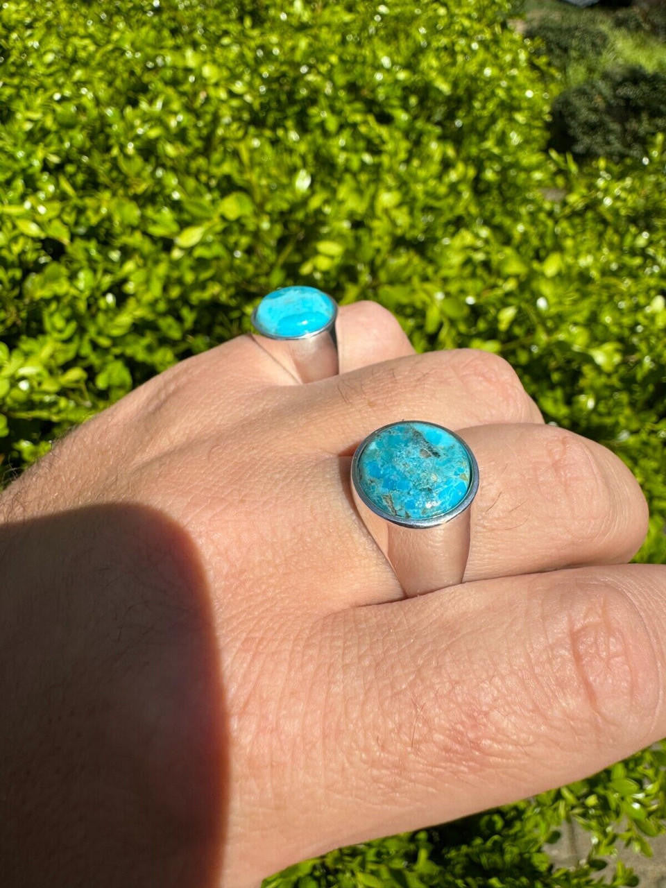 HarlemBling Natural Blue Turquoise Round Gemstone Mens Real Solid 925 Silver Plain Ring