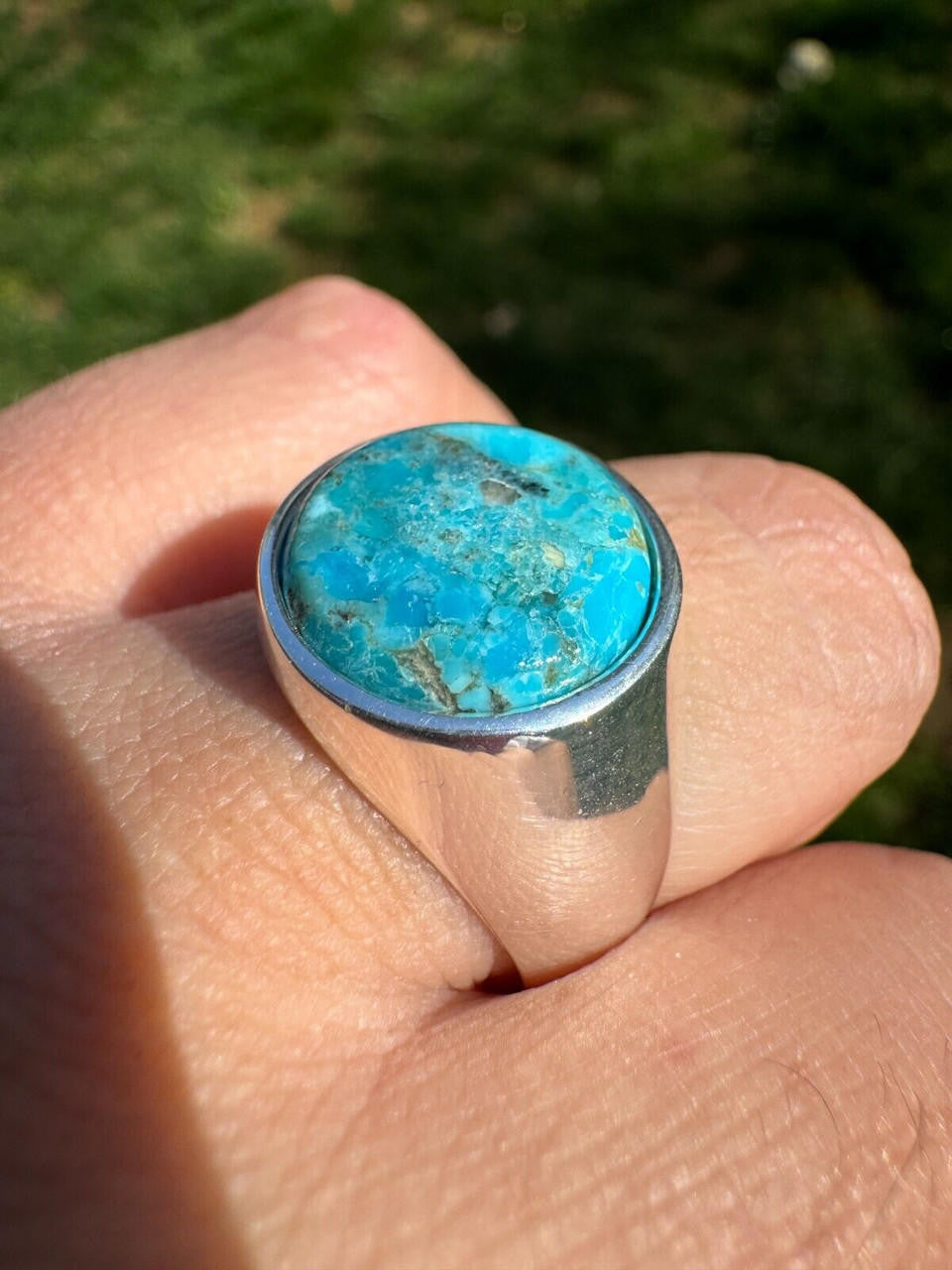 HarlemBling Natural Blue Turquoise Round Gemstone Mens Real Solid 925 Silver Plain Ring