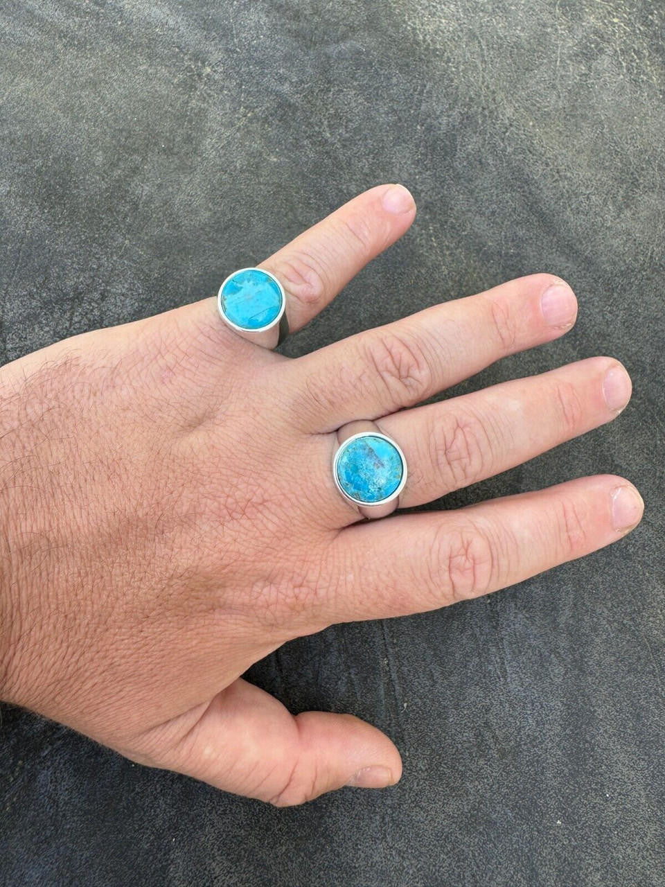 HarlemBling Natural Blue Turquoise Round Gemstone Mens Real Solid 925 Silver Plain Ring