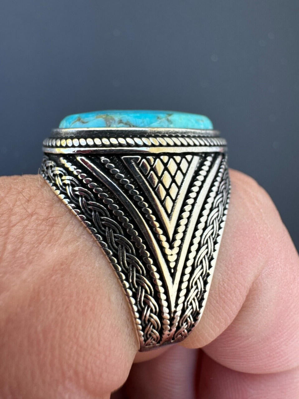 HarlemBling Natural Turquoise Mens Real Solid 925 Silver Handmade Oval Native American Ring