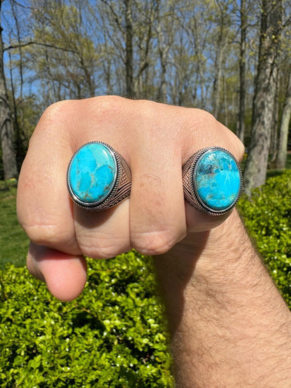 HarlemBling Natural Turquoise Mens Real Solid 925 Silver Handmade Oval Native American Ring