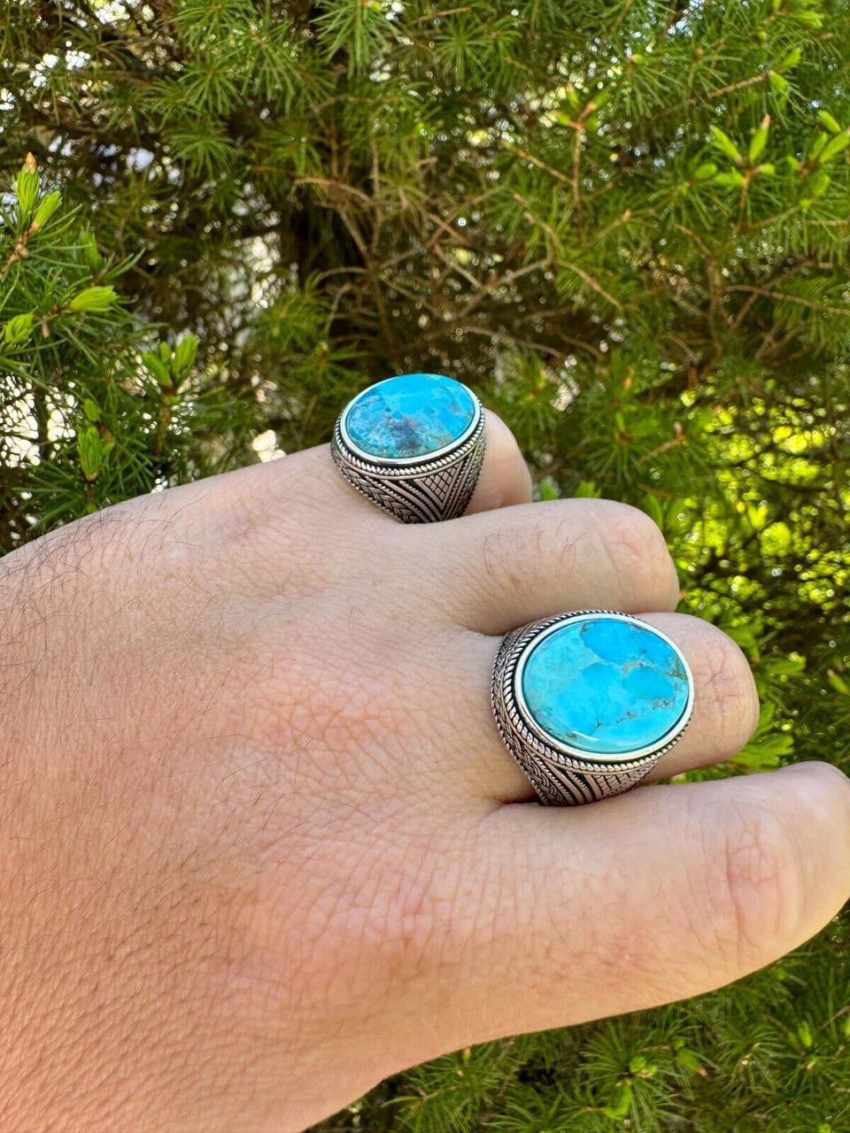 HarlemBling Natural Turquoise Mens Real Solid 925 Silver Handmade Oval Native American Ring