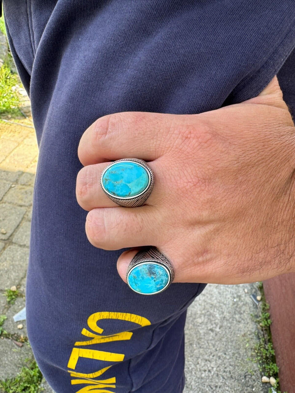 HarlemBling Natural Turquoise Mens Real Solid 925 Silver Handmade Oval Native American Ring