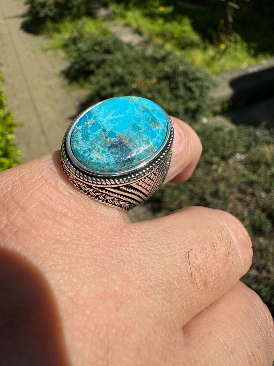 HarlemBling Natural Turquoise Mens Real Solid 925 Silver Handmade Oval Native American Ring