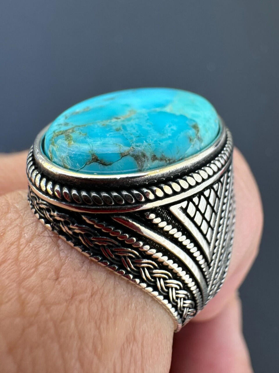 HarlemBling Natural Turquoise Mens Real Solid 925 Silver Handmade Oval Native American Ring