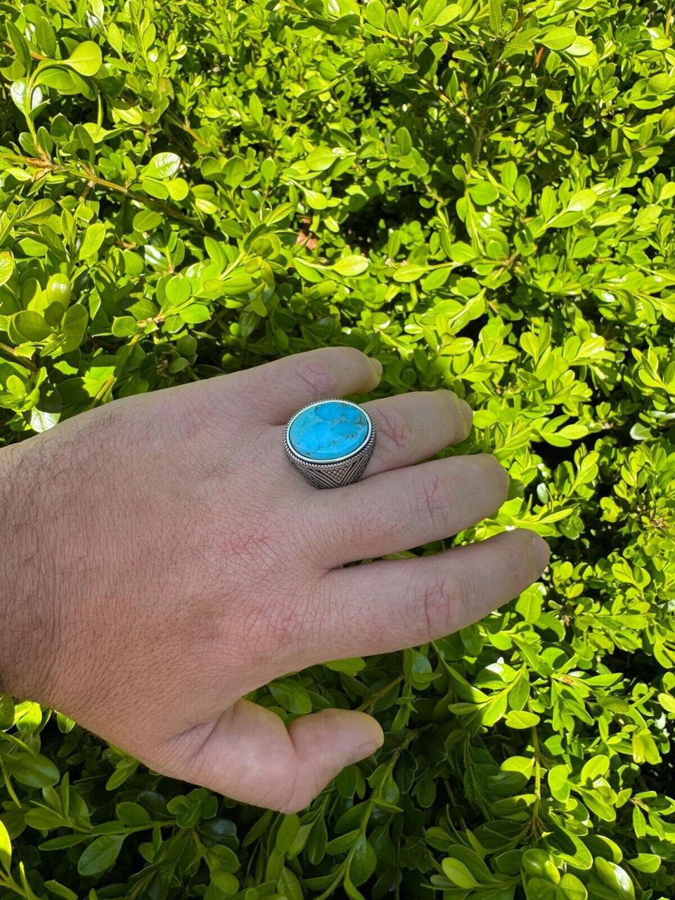 HarlemBling Natural Turquoise Mens Real Solid 925 Silver Handmade Oval Native American Ring