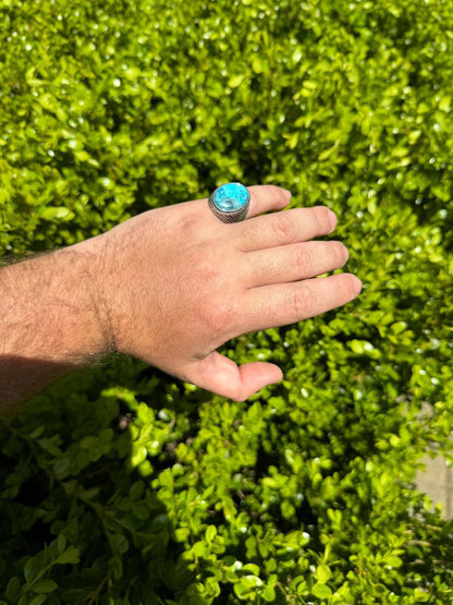 HarlemBling Natural Turquoise Mens Real Solid 925 Silver Handmade Oval Native American Ring