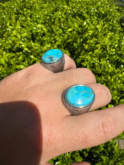HarlemBling Natural Turquoise Mens Real Solid 925 Silver Handmade Oval Native American Ring