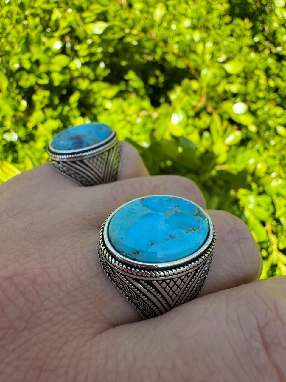 HarlemBling Natural Turquoise Mens Real Solid 925 Silver Handmade Oval Native American Ring
