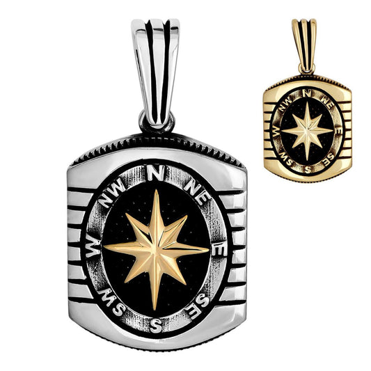 HarlemBling Navigation Nautical Star Compass Pendant - 14k Gold Vermeil Or Oxidized 925 Silver - Small 1.5"
