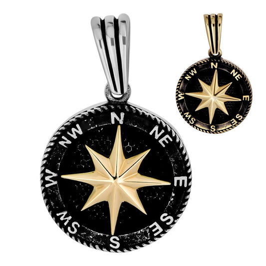 HarlemBling Navigation Star Compass Round Pendant - 14k Gold Vermeil Or Oxidized 925 Silver - Small 1"