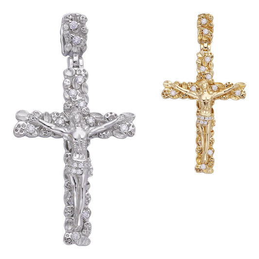 HarlemBling Nugget Jesus Cross Pendant - 14k Gold Vermeil Or 925 silver - CZ Stones - Medium 2"