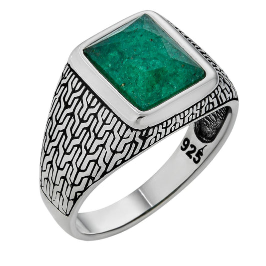 HarlemBling NYC Natural Green Eye Ring - 925 Silver Oxidized - Genuine Green Emerald Stone