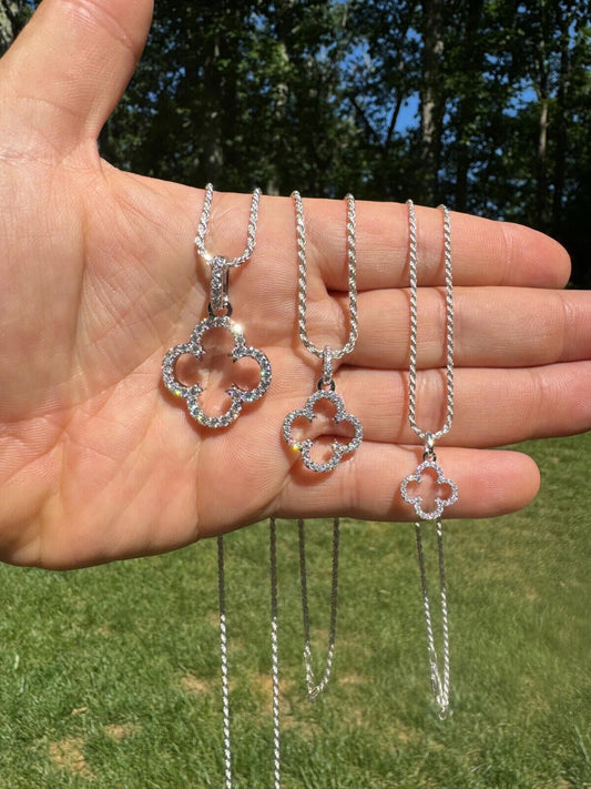 HarlemBling Open Clover Flower Pendant Iced MOISSANITE Real 925 Silver Necklace - 3 Sizes