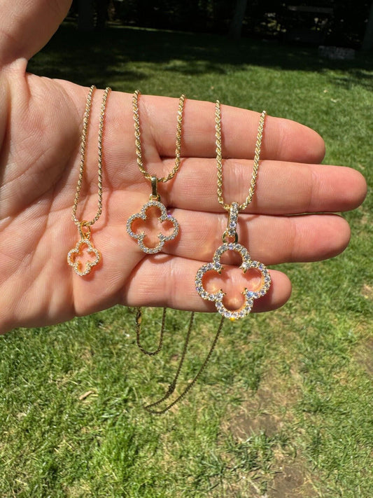 HarlemBling Open Clover Flower Pendant MOISSANITE 14k Gold Over 925 Silver Necklace - 3 Size