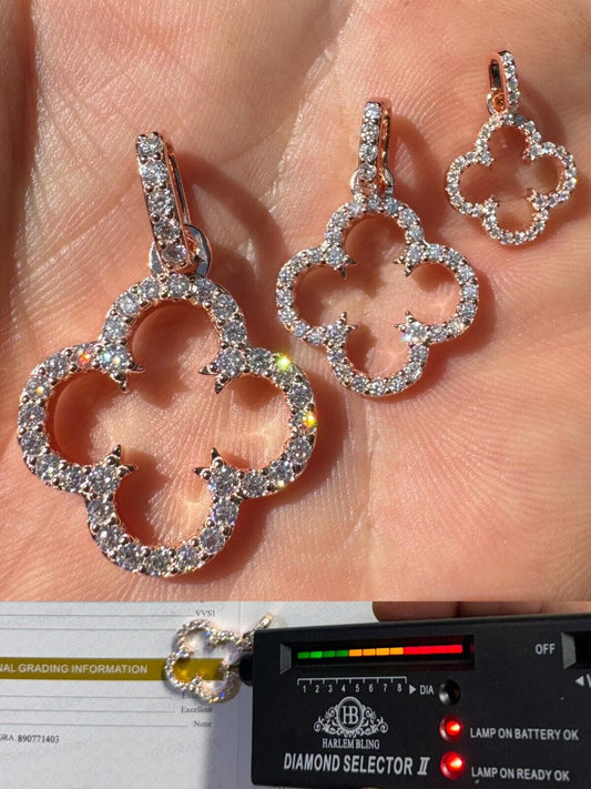 HarlemBling Open Clover Flower Pendant MOISSANITE 14k Rose Gold 925 Silver Necklace - 3 Size