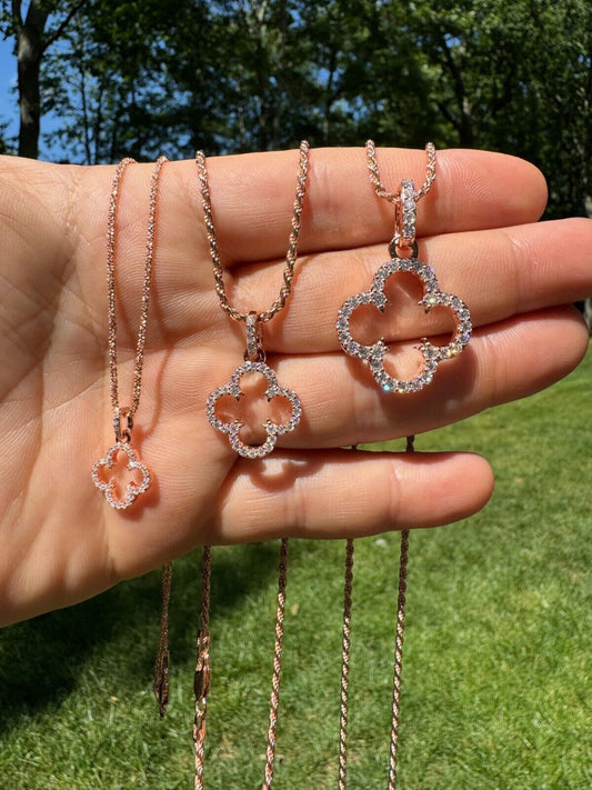 HarlemBling Open Clover Flower Pendant MOISSANITE 14k Rose Gold 925 Silver Necklace - 3 Size