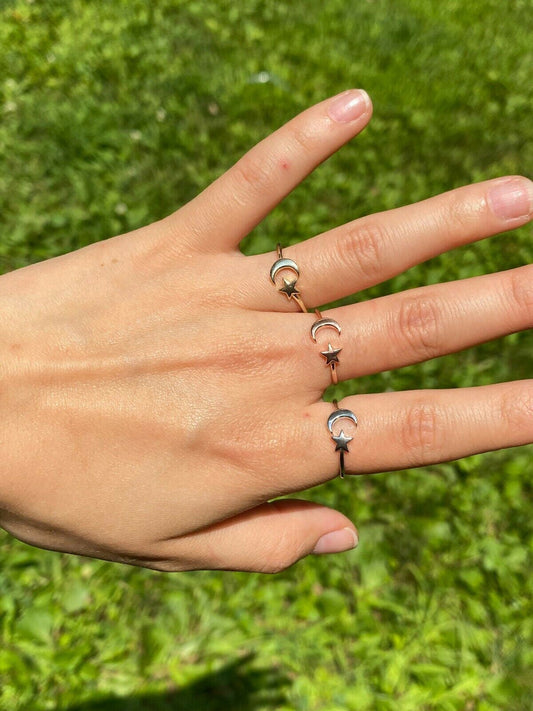 HarlemBling Open Star and Crescent Moon Ring 925 Sterling Silver Or Yellow Rose Gold Finish