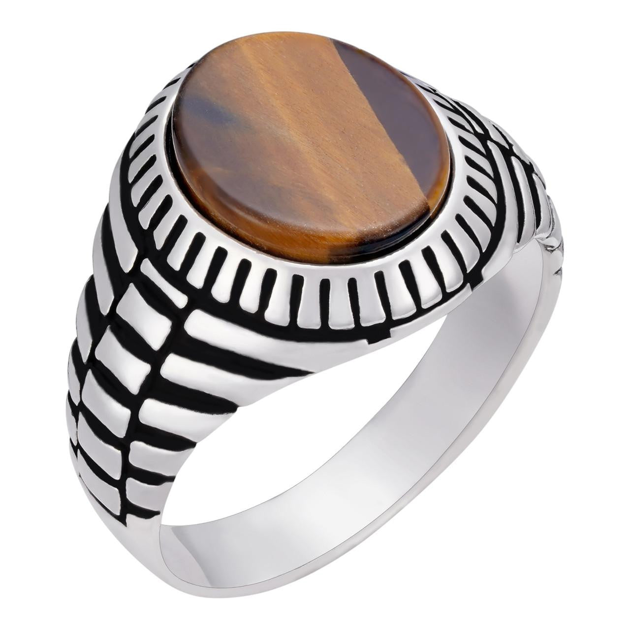 HarlemBling Oval Eye Ring - 925 Silver Oxidized - Genuine Tiger's Eye Stone