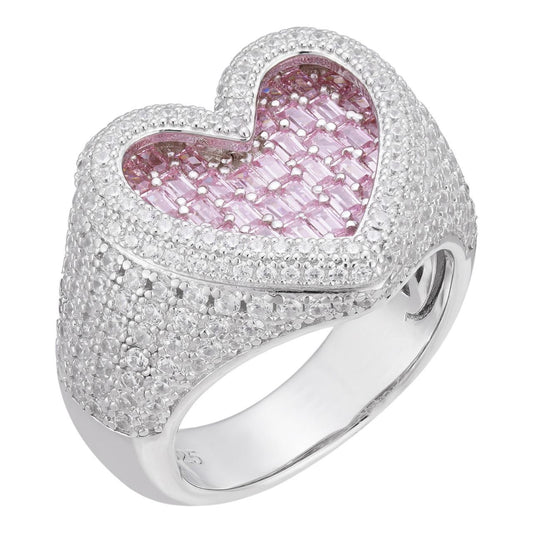 HarlemBling Pink Heart Iced Out Ring - 925 Silver - Pink Baguette & Round CZ Stones
