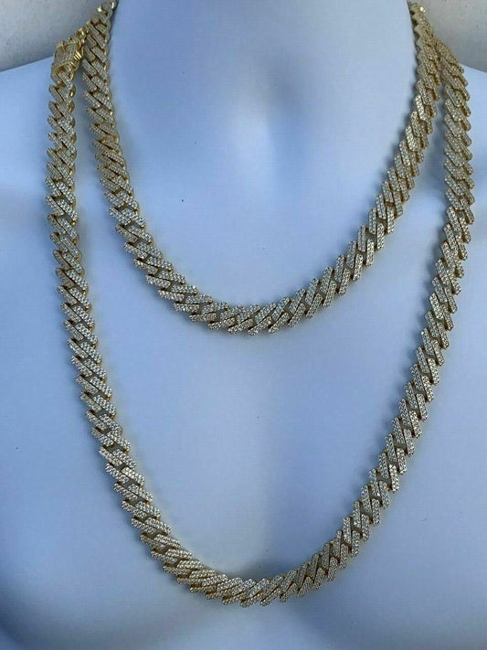 HarlemBling Prong Miami Cuban Chain 14k Gold Over Solid 925 Sterling Silver 18 Choker - 30