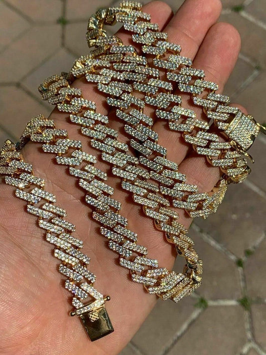 HarlemBling Prong Miami Cuban Chain 14k Gold Over Solid 925 Sterling Silver 18 Choker - 30