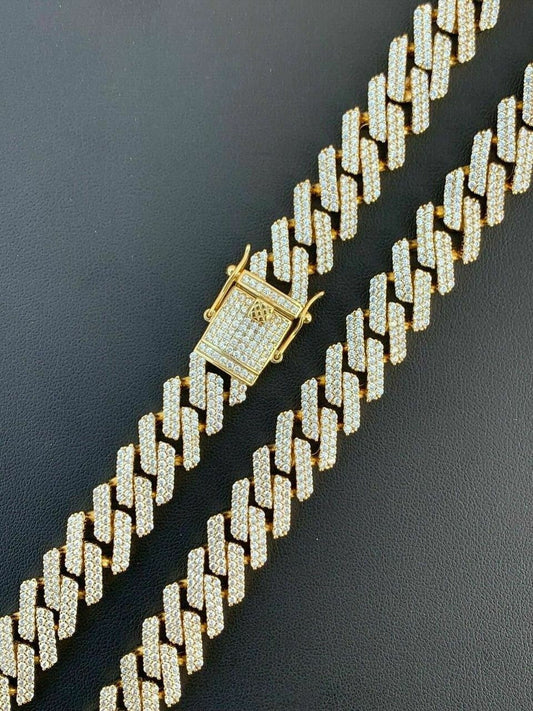 HarlemBling Prong Miami Cuban Chain 14k Gold Over Solid 925 Sterling Silver 18 Choker - 30