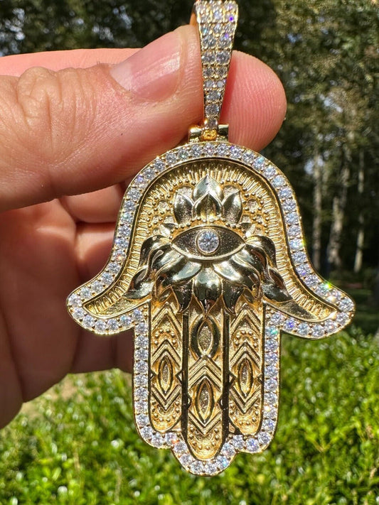 HarlemBling Real 14k Gold & 925 Sterling Silver Hamsa Evil Eye Hand Iced MOISSANITE Pendant