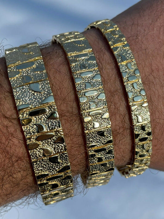 HarlemBling Real 14k Gold Over 925 Sterling Silver Mens Nugget Bracelet Heavy 8mm 12mm 16mm
