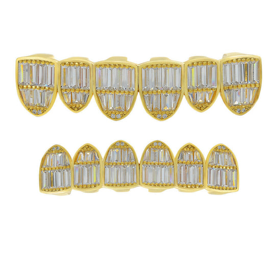 HarlemBling Real 14k Gold Over Solid 925 Silver Grillz Baguette Iced Grills Top Bottom Teeth