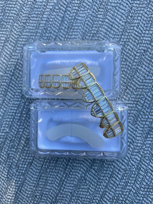 HarlemBling Real 14k Gold Over Solid 925 Silver Grillz Baguette Iced Grills Top Bottom Teeth