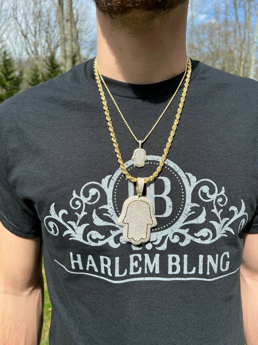HarlemBling Real 14k Gold Vermeil 925 Silver Gods Hand Hamsa Iced Diamond Pendant Necklace