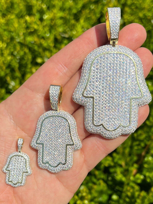 HarlemBling Real 14k Gold Vermeil 925 Silver Gods Hand Hamsa Iced Diamond Pendant Necklace