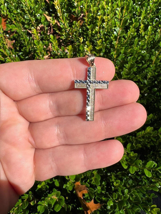 HarlemBling Real 14k Solid Yellow and White Diamond Cut Gold Cross Crucifix Pendant Necklace