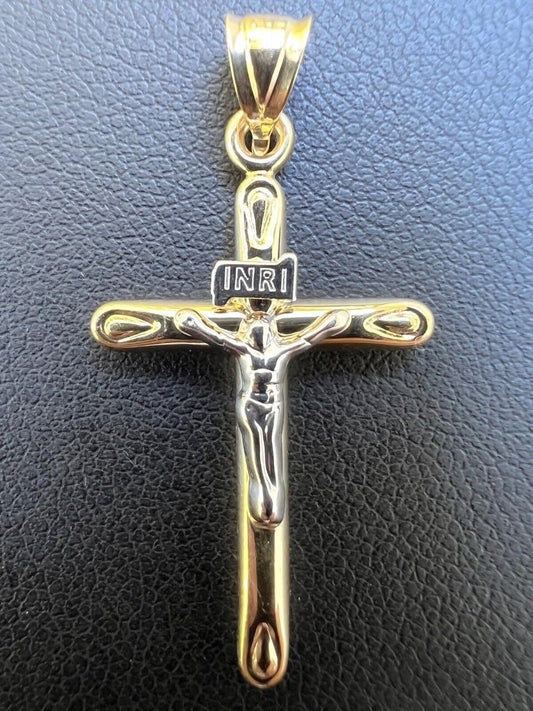 HarlemBling Real 14k Yellow and White Gold Cross Jesus Crucifix Pendant Necklace Mens Ladies