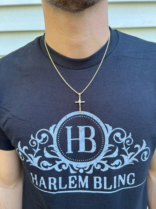 HarlemBling Real 14k Yellow and White Gold Cross Jesus Crucifix Pendant Necklace Mens Ladies