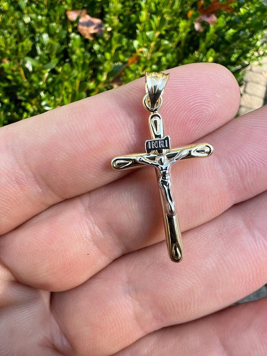 HarlemBling Real 14k Yellow and White Gold Cross Jesus Crucifix Pendant Necklace Mens Ladies